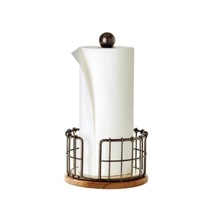 Distributeur de serviettes en papier sur pied en bois naturel avec panier en métal bronze, support vertical pour décoration de ferme - Product Image 1