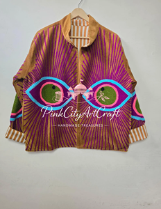Veste matelassée en velours tissé respirant faite à la main avec broderie œil porte-bonheur en points de chaînette, style bohème, coupe oversize, pour l'hiver - Product Image 2