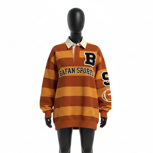 Chemise de rugby pour femme en jersey de coton lourd 280 GSM, marron, avec panneau rayé moutarde et logo brodé - Product Image 6