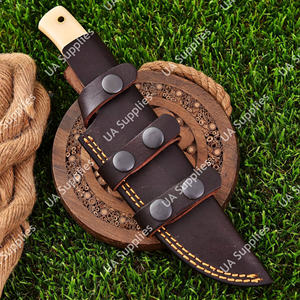 Couteau de chasse et de camping multifonctionnel à lame fixe en acier de Damas à motif goutte de pluie, manche en os de chameau, étui en cuir - Product Image 6