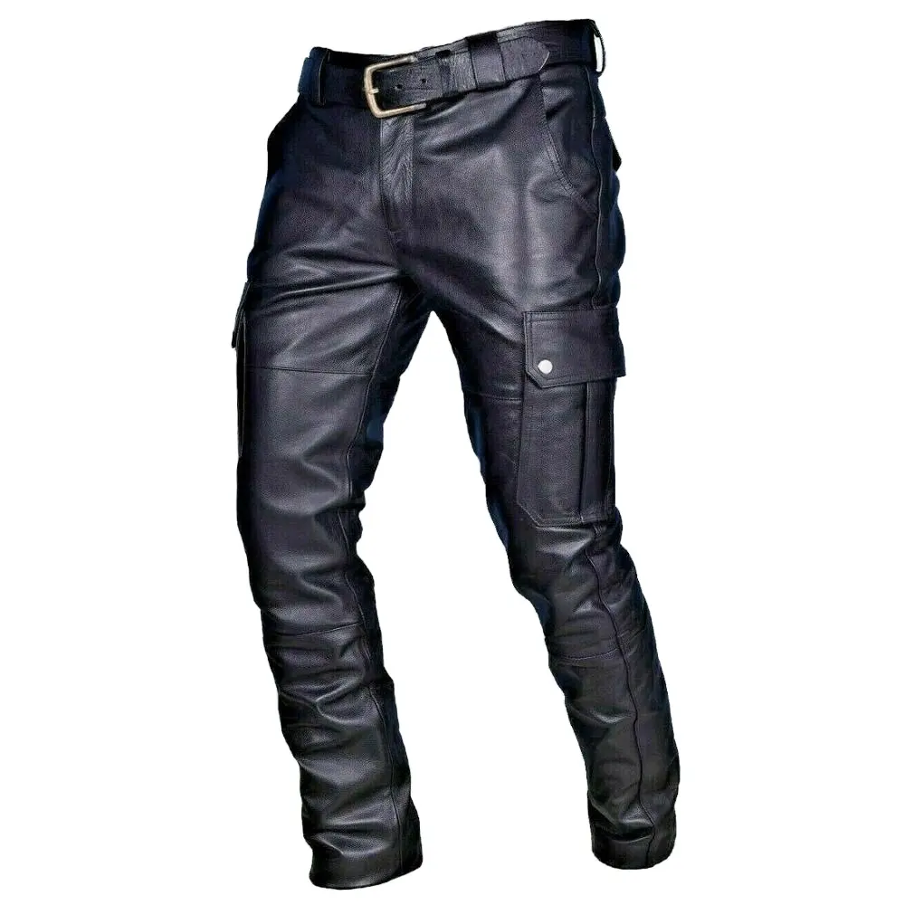 Men's 100% Real Genuine Lamb Skin Leather Bikers Pants With Cargo Pockets Black Black Soft Men Pant Casual Trouser