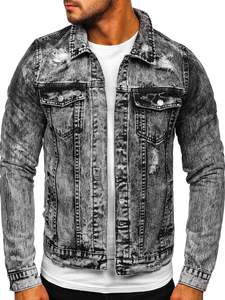 Men's Stonewashed Denim Jacket Slim Fit Turn-down Collar Casual Autumn Wear Frayed Details Regular Sleeve Single Breasted - Product Image 4