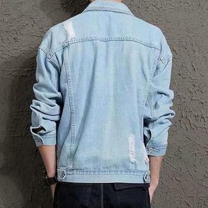Chaqueta vaquera azul claro para hombre, estilo casual, con botones frontales, desgastada, de color liso, corte holgado, transpirable, ecológica, para invierno, con efecto ácido. - Product Image 6