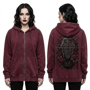 Burgundy Tie Dye Hoodie Women Vampire Bloodline Skull Print Gothic Streetwear Pullover Distressed Acid Wash Sweatshirt - Product Image 2