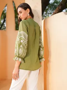 Blusa de Chifón con Bordado Verde de Diseño Lujoso, Estilo Camisa, Manga Larga, para Brunch, Compras y Salidas Diurnas, a Precio de Mayoreo - Product Image 4