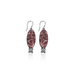 Magnifiques Boucles d'Oreilles Tendance en Jaspe Malinga Naturel Forme Ovale avec Monture en Rhodium Noir, en Laiton, Vente en Gros pour Femmes et Filles - Product Image 1