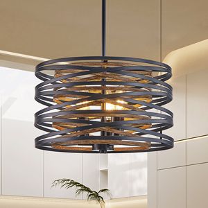Lampadario a sospensione industriale rustico a 3 luci da 13 pollici, gabbia in metallo nero noce con accenti in legno per isole cucina o sala da pranzo - Product Image 5