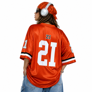 Maillot de football américain orange pour femme, coupe oversize, en mesh, avec impression de numéro personnalisée, style streetwear, chemise de sport, OEM ODM, vente en gros - Product Image 2