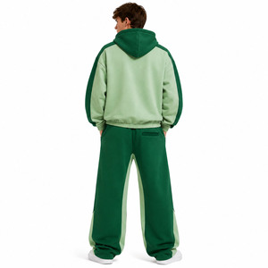 Conjuntos de sudaderas con capucha modernas de algodón pesado con cremallera y hombros caídos, paneles en contraste y logo personalizado para hombre, y joggers de pierna ancha para ropa deportiva. Venta al por mayor. - Product Image 2