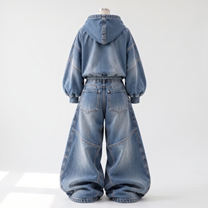 <b>Womens</b> Light <b>Blue</b> Washed Denim Hoodie And Extra Baggy Wide Leg <b>Jeans</b> Set Cropped Streetwear Custom Wholesale Supplier - Product Image 4