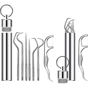 Juego de 2 Palillos de Dientes Portátiles de Acero Inoxidable, 7 Piezas, Kit de Limpieza Dental Metálico Reutilizable para Picnic al Aire Libre - Product Image 4