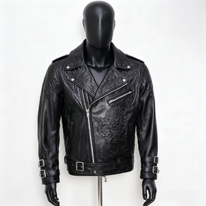 Veste moto en cuir PU noir pour homme, col rabattu, fermeture éclair, motif géométrique en relief, coupe ajustée, longueur normale - Product Image 4