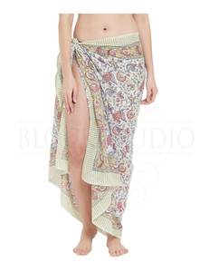 Sarong en coton imprimé à la main vert vintage pour femmes, léger, idéal comme paréo de bikini, pour l'été et les vacances - Product Image 4