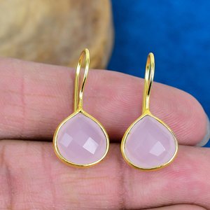 Natural Handmade Pink Quartz Heart Shape Gemstone Hook Earrings 18k Micron Gold Over 925 <b>Sterling</b> <b>Silver</b> - Product Image 2