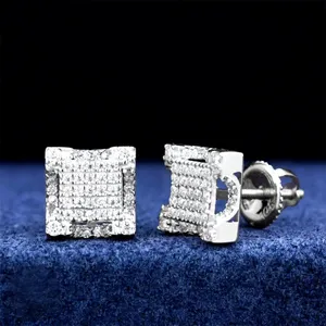 Boucles d'oreilles clous de luxe en or véritable 9K, serties de diamants de laboratoire taille brillant rond, certifiées IGI, motif grille 3D, pour hommes et femmes, idéales pour mariage et soirée - Product Image 4