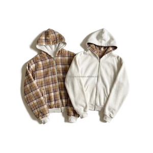 Reversible Zip <b>Hoodie</b> Beige Plaid <b>Burgundy</b> Double 100% Cotton Heavyweight Streetwear Pullover Wholesale - Product Image 1