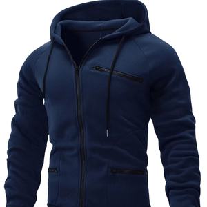 Sudadera con capucha informal de manga larga con cremallera frontal de color sólido de invierno personalizada para hombre con cordón 100% algodón polar térmico - Product Image 1