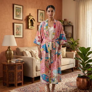 Bata Kimono Artesanal de Algodón con Estampado Floral |   Bata Larga Estampada a Mano para Mujer |   Ropa de estar por casa tipo spa de manga larga con cuello en V - Product Image 2