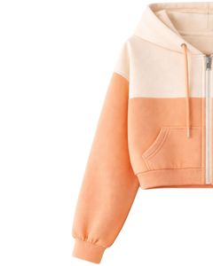 Conjunto de dos piezas casual para mujer: Sudadera corta con cremallera y bloques de color melocotón, y pantalones cortos con estampado de margaritas y dobladillo de encaje, de poliéster y algodón, al por mayor. - Product Image 4