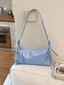 Shiny Light Blue Women's PU Portable Shoulder <b>Bag</b> Fashion Zipper Closure Single Strap Tassel Detail Daily Life Use - Product Image 2