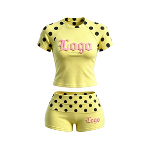 Women Polka Dot Crop Top <b>Shorts</b> Set Glitter Logo Print Quick Dry Spandex <b>Polyester</b> Summer Wear Crew Neck <b>Short</b> Sleeve - Product Image 2