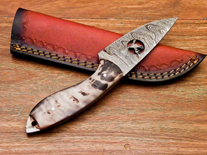 Couteau à lame fixe en acier Damas forgé, fourreau en cuir, EDC, pleine longueur, pour la chasse, le dépecage, le camping, manche en corne de bélier, OEM - Product Image 3