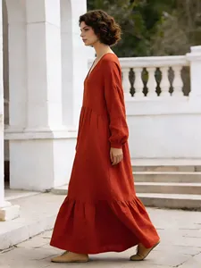 Robe longue bleu marine pour femme en coton et lin, coupe ample, manches longues, col en V, style bohème décontracté à volants - Product Image 2