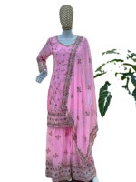 Salwar Kameez traditionnel pour femme, rose brodé en faux georgette, séchage rapide, style indien pakistanais, Sharara pour fêtes et mariages d'hiver