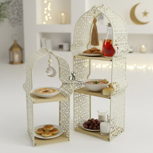 Islamic Mosque Arch Cake Stand <b>Set</b> Of 3 Pieces. 2-Tier With Wood Shelves & Tassels Eid Ramadan Metal Food Display Stand <b>Set</b> - Product Image 2