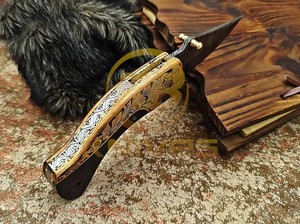 Couteau de poche pliant en acier Damas, manche en Micarta noir de qualité supérieure, gravure ornée, étui en cuir, OEM disponible, lame à pointe tombante - Product Image 4
