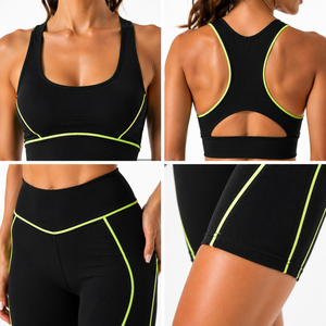 Women Contrast Stitch Yoga Set <b>Racerback</b> Sports <b>Bra</b> High Waist Biker Shorts Fitness Gym Workout Activewear Set - Product Image 5