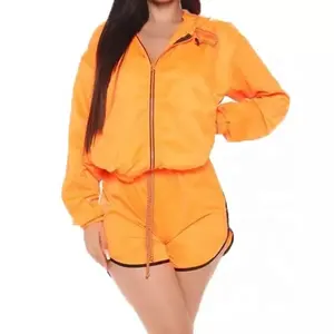 夏季套装作物夹克女式运动服橙色风衣短套两件套短裤套装女装休闲印花