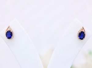 Boucles d'oreilles ovales en saphir bleu, argent sterling 925, plaqué or rose 14 carats, accent moissanite, bijoux pour femmes - Product Image 3