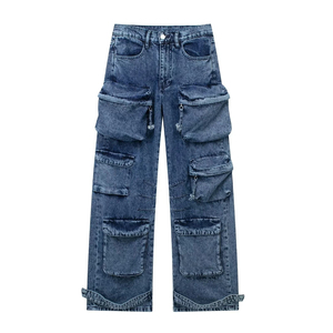 Pantalones Cargo Anchos y Largos de Mezclilla para Mujer, Estilo Urbano, Transpirables, con Múltiples Bolsillos, Cintura Alta, Fabricante OEM - Product Image 1