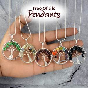 Pendentif en métal arbre de vie en pierre précieuse Pendentifs en pierre de chakra naturelle à vendre Collier en agate d'Amayra Crystals Exports - Product Image 2