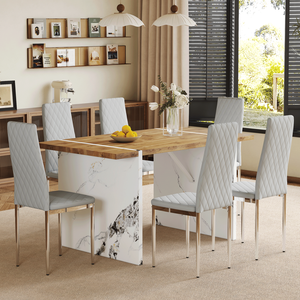 Tavolo da pranzo in legno naturale MDF 55 "x 31.5" accoppiato 6 sedie da pranzo in stile moderno grigio chiaro insieme essenziale per la casa minimalista - Product Image 2
