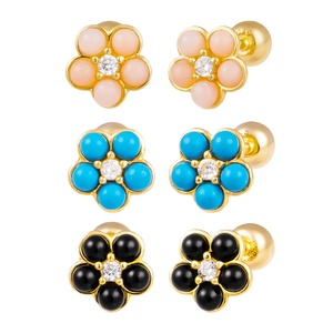 Orecchini da donna alla moda in oro 14k Fine per festa simpatici orecchini 3 colori fiore zirconi Piercing cubici regali all'ingrosso K-gioielli - Product Image 2