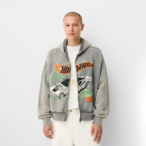 2024 High Quality Custom High Gsm 100% Cotton Sun Faded Acid Wash cotton blended Oversized screen print Zip up Hoodies <b>for</b> Men - Product Image 2