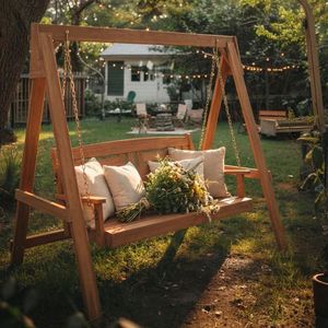 Dondolo da Giardino per 2 Persone con Supporto, in Legno Duro Resistente, Altezza Regolabile, Design a Telaio a A Stabile, Perfetto per Patio e Giardino - Product Image 6