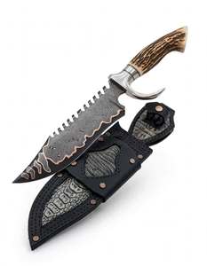 Cuchillo utilitario pesado de acero de Damasco forjado a mano Iron Crown Forge con mango de asta de ciervo, doble guardacuchillo de acero inoxidable y funda de cuero OEM - Product Image 4