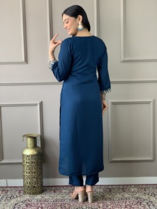 Kurti de viscosa y rayón para mujer, de color petróleo, corte recto, muy solicitado, con pantalón y conjunto de dupatta con estampado jacquard. - Product Image 6