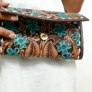 Sac à main en cuir de vachette véritable pour femme, motif floral, bandoulière, portefeuille turquoise, moderne, léger, style western, vente en gros - Product Image 2