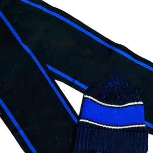 Ensemble Écharpe Longue Tricotée Rayée Bleu Royal et Noir, Bonnet et Gants – Accessoire d'Hiver de Luxe à Franges pour Sororité, Sport et Université - Product Image 2