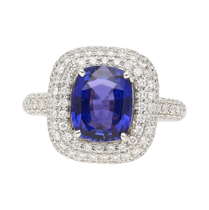 Bague cocktail saphir taille émeraude, pierre naturelle, sertissage pavé, plaqué rhodium, argent 925, style glamour pour femme, fiançailles - Product Image 1