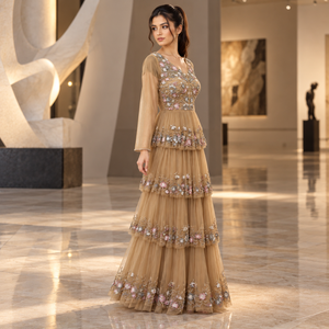 Sophisticated Floral Embellished Evening Gown V Neck Sheer Long Sleeves Tiered <b>Skirt</b> | Champagne A-Line Floor <b>Length</b> Party Dress - Product Image 3