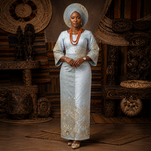 Tela George de Lujo Azul Cielo con Cuentas y Bordado de Cristales Dorados para Vestidos de Novia Nigerianos y Ropa de Fiesta - Product Image 1