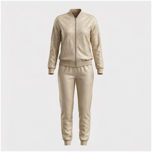 Ensemble de survêtement beige pour femmes, manches longues, fermeture éclair sur le devant, pantalon de jogging uni avec poches latérales, tenue d'automne - Product Image 1