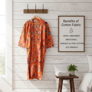 Kimono Floral Naranja de Algodón Hecho a Mano |   Bata de dormir con cuello en V y estampado para mujer |   Bata Larga con Bolsillos Delanteros y Cinturón - Product Image 4