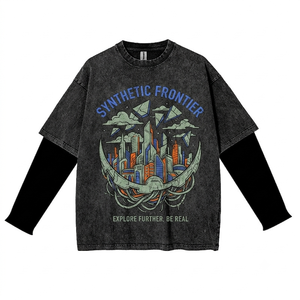 T-shirt surdimensionné à double manche pour homme avec imprimé graphique abstrait et couche intérieure à manches longues - Product Image 2