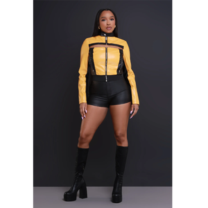 Manteau court en cuir PU pour femme, style motard, nouvelle mode, élégant, printemps-automne, avec empiècements - Product Image 3